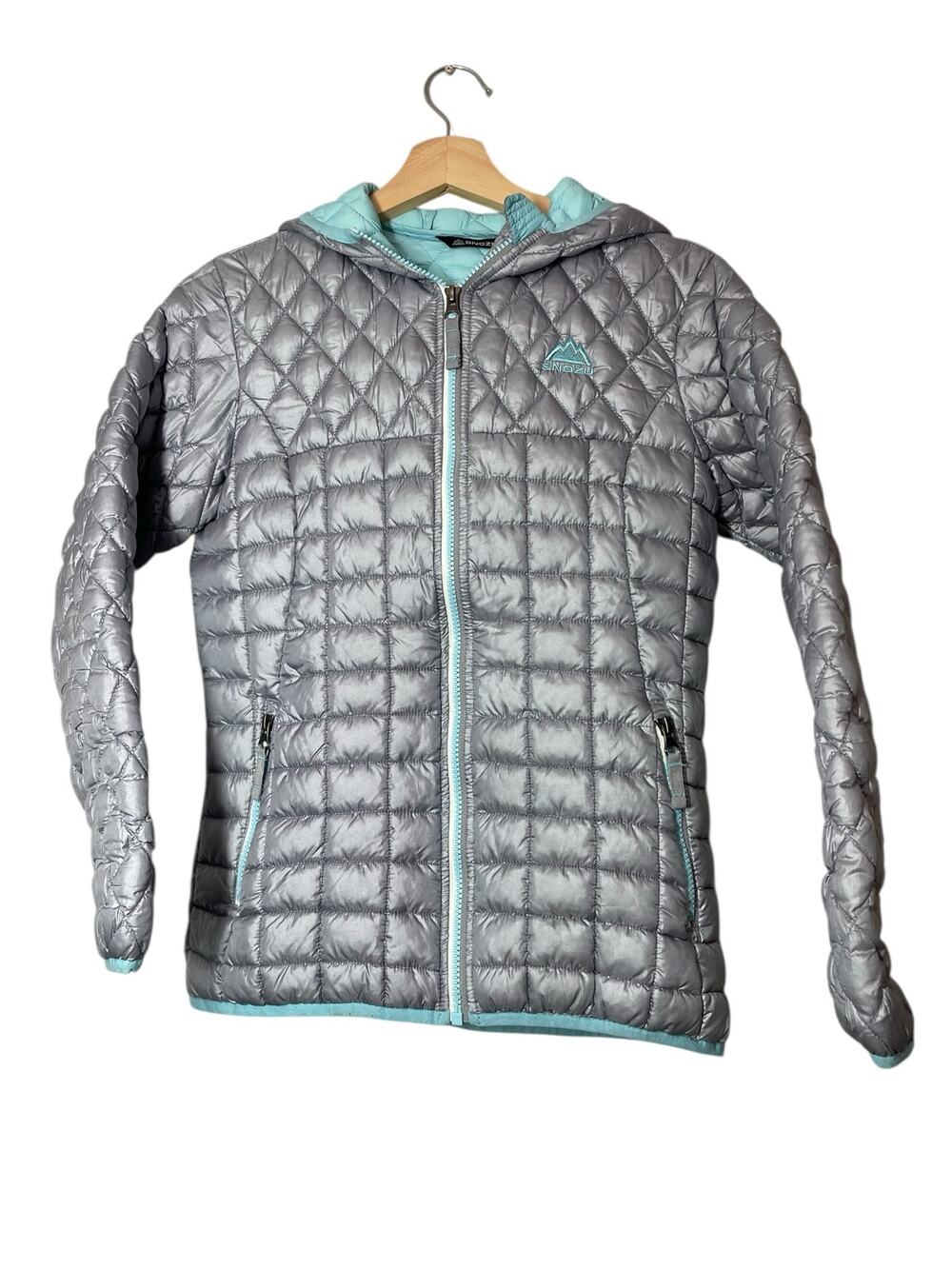 Snozu Girls Youth Quilted Puffer jacket Size Large 14/16 Hooded Gray Silver Blue